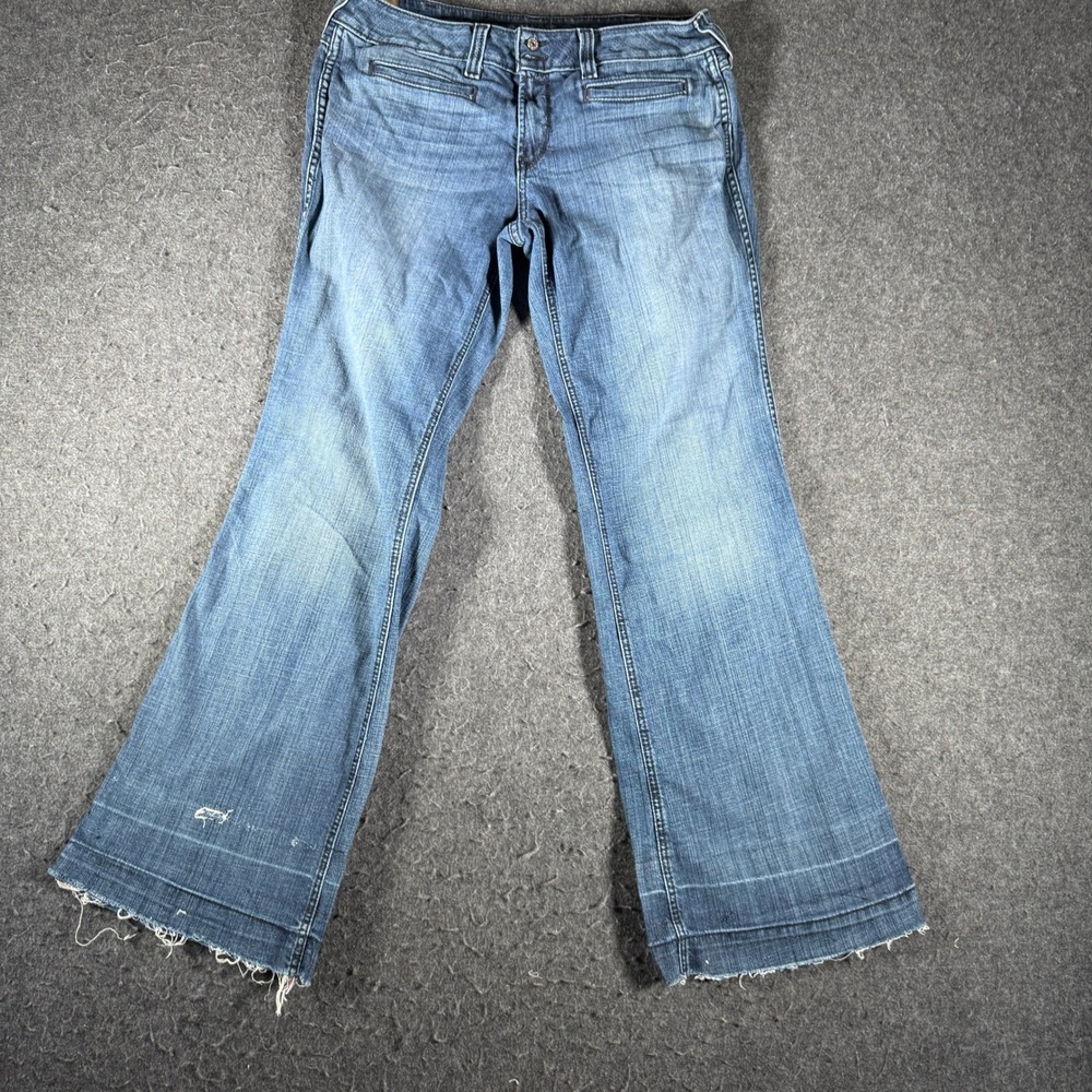 Ariat Denim Trouser Jeans Womens 32R Blue Medium Wash Wide Leg Flare Raw Hem